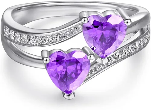 Vista 2 de Anillo de promesa de boda con topacio azul y blanco, chapado en plata de ley 925, con doble corazón