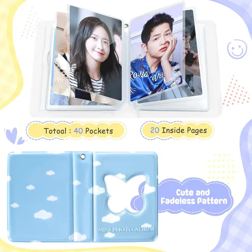 Vista 2 de Carpeta Kpop de 3 pulgadas, mariposa azul, cloruro de polivinilo, 20 bolsillos, 4.33 x 3.15 x 1.18 pulgadas