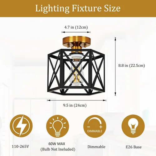 Vista 2 de Lámpara de Techo Moderna de Granja Negra y Dorada, Lámpara de Techo Industrial Semiempotrada, Accesorios de Iluminación Hexagonal para Pasillo