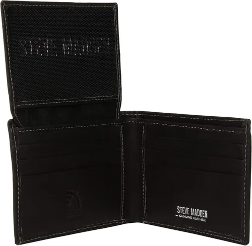 Vista 4 de Steve Madden Cartera RFID de cuero para hombre con capacidad adicional y bolsillo abatible