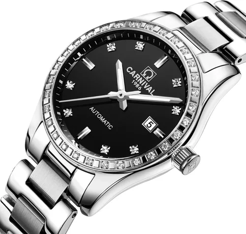 Vista 2 de Par de relojes de diamantes automáticos de acero inoxidable impermeable reloj de cristal de Swarovski para él y ella de 2