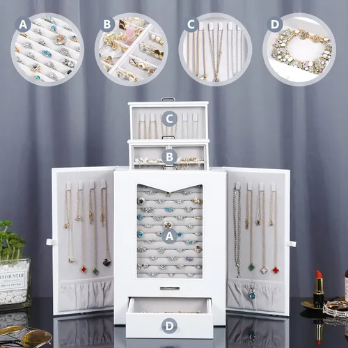 Vista 4 de Homde Organizador de joyas con ganchos de ventana de cristal real, regalo para mujeres, caja de joyería para collares, anillos, aretes, pulseras