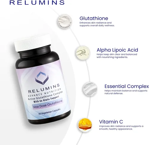 Vista 5 de Relumins Advance White, Complejo activo Glutatión, Cápsulas con fórmula blanqueadora oral con 6 refuerzos, Blanquea, repara y restaura la piel