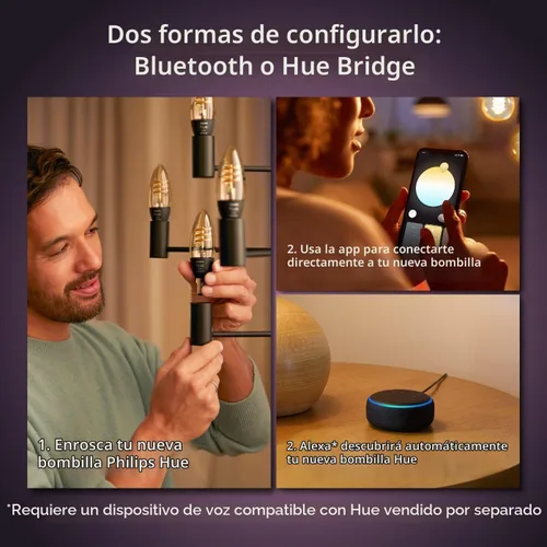 Vista 5 de Philips Hue White Ambiance Bombilla de Filamento E12 Candle Gama Completa de Luz Blanca, Compatible con Alexa, Google Assistant y Apple HomeKit