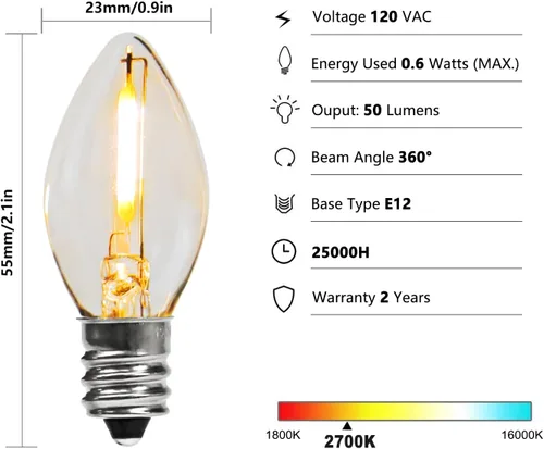 Vista 2 de Bombillas LED C7, 0.6 vatios equivalentes a 7 W, base pequeña de candelabro E12, bombillas LED Edison, 2700 K blanco cálido, plástico transparente