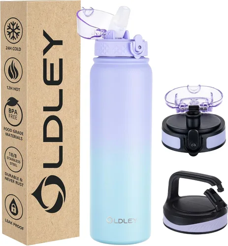 Vista 34 de Oldley Botella de Agua Aislada con Pajilla de 20oz, Botellas de Agua de Acero Inoxidable con 3 Tapas, Aislamiento al Vacío de Doble Pared Térmica
