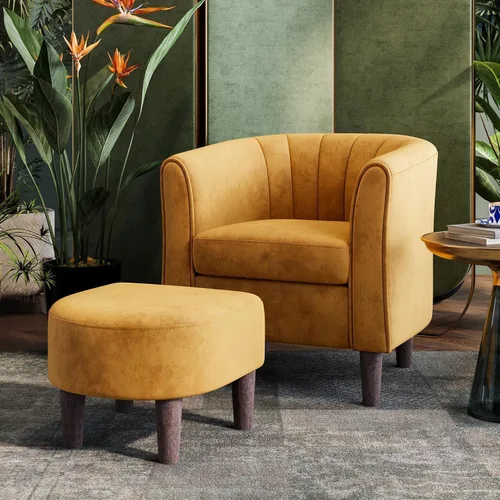 Vista 15 de LINSY Silla decorativa con otomana, moderna silla de barril pequeña, silla de lectura con reposapiés, cómoda silla con brazos redondos para sala