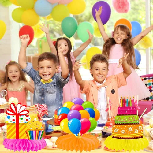 Vista 6 de Centros de mesa coloridos de nido de abeja de feliz cumpleaños, centros de mesa de fiesta de arcoíris, decoración de bolas de nido de abeja
