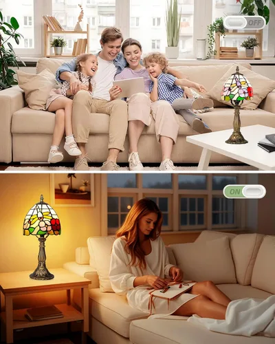 Vista 7 de Lámpara de mesa pequeña estilo Tiffany, lámpara de vidrio teñido antiguo de 5 pulgadas, lámpara de mesa de noche para escritorio, para dormitorio