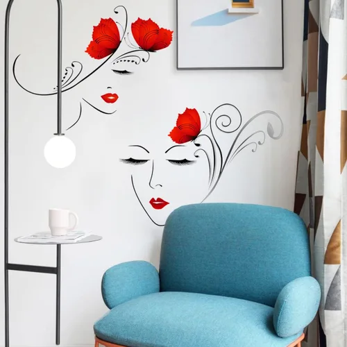 Vista 2 de 4 calcomanías de pared con contorno de cara de mujer, diseño de perfil, ojos y labios, calcomanías de pared autoadhesivas para el hogar, niñas