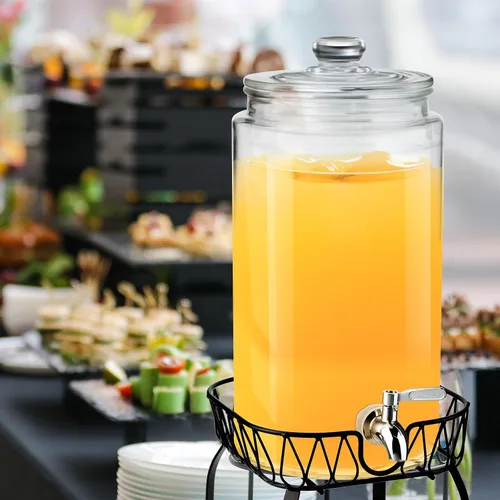 Vista 6 de Honeydak Dispensador de bebidas de vidrio de 3 galones para fiestas, dispensador de bebidas de vidrio con soporte y espita a prueba de fugas