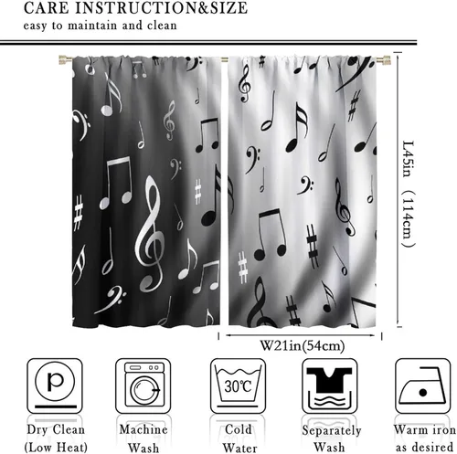 Vista 2 de Cortinas de notas musicales, blanco y negro, instrumento musical, canción, arte de canción, opacas, para ventana, dormitorio, sala de estar