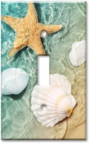Vista 5 de Art Plates - Placa de interruptor de combinación de dos bandas - Toma de corriente - Palanca - Conchas de mar y peces estrella en piscina de mareas