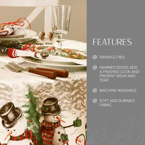 Vista 3 de Elrene Home Fashions Mantel de poliéster con diseño de copo de nieve de invierno de muñeco de nieve, 70 pulgadas, redondo