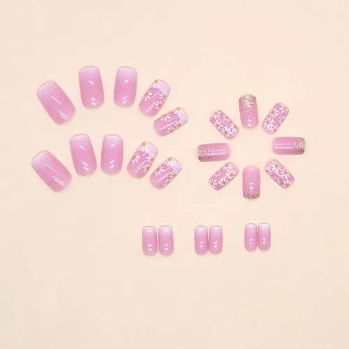 Vista 3 de Uñas postizas a presión con punta francesa de flores blancas, uñas postizas cuadradas de longitud media, uñas postizas con degradado rosa con diseño
