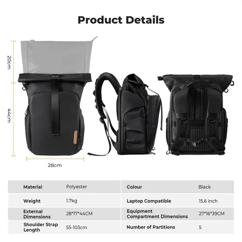 Vista 7 de K&F CONCEPT Mochila para cámara, bolsa para cámara con compartimento para laptop de 15.6 pulgadas, mochila expandible con bolsillo superior