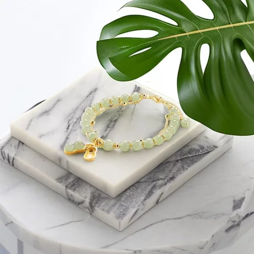 Vista 7 de SJDOFU Pulsera de cuentas de jade Hetian Jade Peanut Colgante Pulsera elástica para mujer (verde claro), Esmeralda, Jade