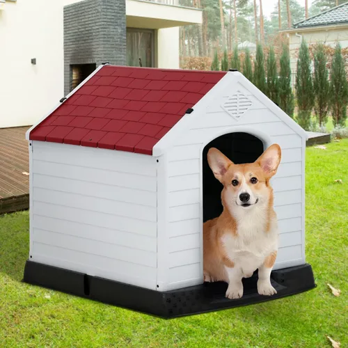 Vista 18 de Casa para perros para interiores y exteriores, impermeable, ventilada, de plástico, jaula de refugio para mascotas con ventilación y suelo elevado