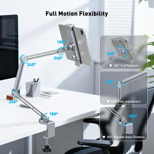Vista 5 de AboveTEK Soporte para iPad 2 en 1 para escritorio, brazo de aluminio para iPad con abrazadera y cabezal de anillo magnético, soporte ajustable
