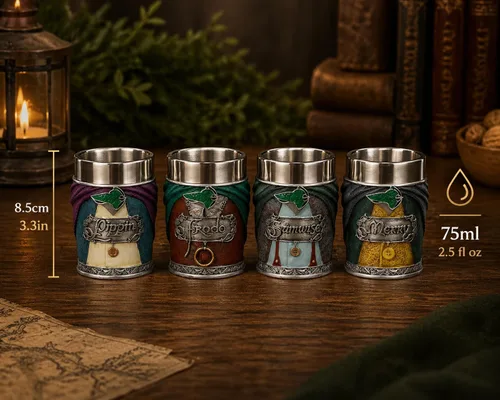Vista 3 de Nemesis Now El Señor de los Anillos - Juego de 3 vasos de chupito, con Hobbits Frodo, Samwise, Pippin y Merry, coleccionables de resina pintados a