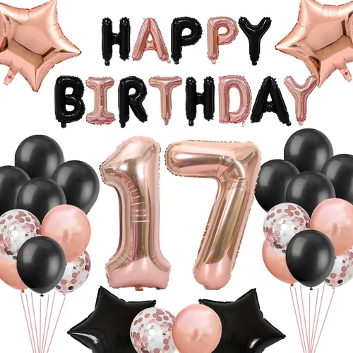 Vista 7 de Decoraciones de cumpleaños número 17 para niñas, pancarta de cumpleaños número 17 color negro y rosa dorado con estrella número 17, globos