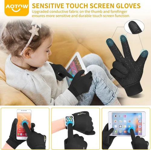 Vista 2 de Guantes deportivos cálidos de invierno para niños, clima frío, resistente al agua, para niños de 4 a 12 años, color negro