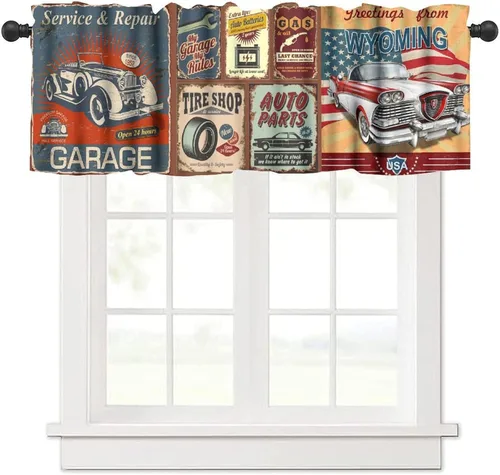 Vista 24 de Cortina de cenefas retro de los años 50, reparación de publicidad de automóvil, garaje, clásicos, bolsillo para barra, tratamientos de ventana corta