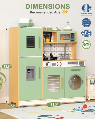 Vista 6 de Babytronic Juego de cocina de madera para niños, cocina de juego interactiva con luces y sonidos, juego de cocina de juguete para niños con grifo