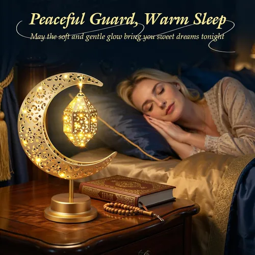 Vista 3 de Luxspire Lámpara de luna de Ramadán, luna creciente y estrella, luces de Ramadán, decoraciones para el hogar, decoración de Eid Mubarak, faroles