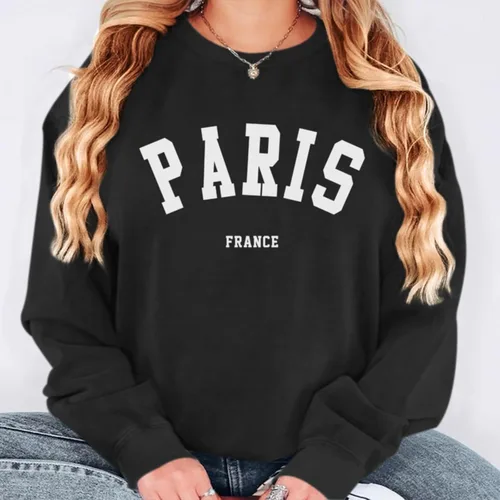 Vista 2 de Tuislay Paris College - Camiseta para mujer, de gran tamaño, moderna, cómoda, cuello redondo, informal, con gráficos, sin botones, unisex, Negro