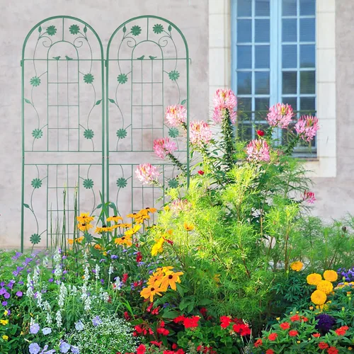 Vista 2 de Paquete de 2 enrejados de jardín de metal de 71 x 19.7 pulgadas, romántica francesa, a prueba de óxido, soporte de flores vegetales, enrejado