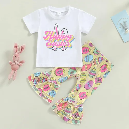 Vista 2 de Traje de Pascua para bebé niña, camiseta de manga corta de conejomameluco con pantalones acampanados, traje de Pascua para niña pequeña