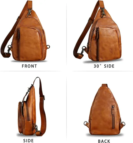 Vista 4 de Bolso bandolera de cuero genuino para hombres y mujeres, mochila vintage de cuero real, bolsa cruzada de hombro, bolsa de pecho