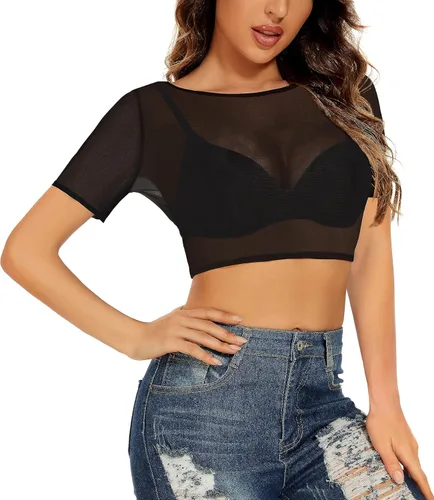Vista 2 de Blusa de malla transparente para mujer, manga corta, manga larga, entallada, para discoteca