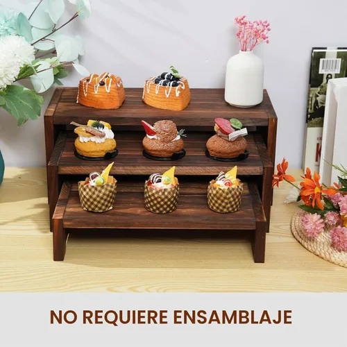 Vista 4 de Soporte de madera para cupcakes de 3 niveles y elevadores de exhibición, para postres de comida y más, resistente y reutilizable Marrón