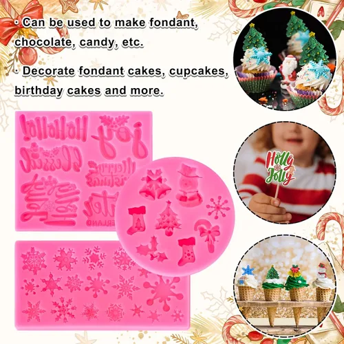 Vista 4 de Whaline 3 moldes de silicona para fondant de Feliz Navidad, diseño de copos de nieve rosados, con palabras bendecidas, alegría, acebo, Jolly