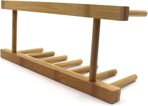 Vista 9 de Rejilla de secado con soporte de bambú, para organizar platos, sartén, cuenco, copa, libro, tapa de olla para gabinete de cocina o encimera