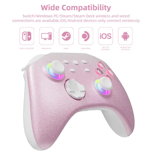 Vista 2 de Gradient Pink Wireless Switch Controller Compatible with Nintendo SwitchOLEDLite Steam Deck, Mytrix Pro Controller with Turbo, Motion, Vibration
