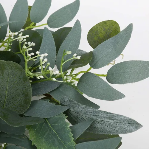 Vista 3 de Corona de eucalipto verde artificial, corona verde de 15 pulgadas con racimos de flores blancas, mini coronas de primavera/verano para decoración