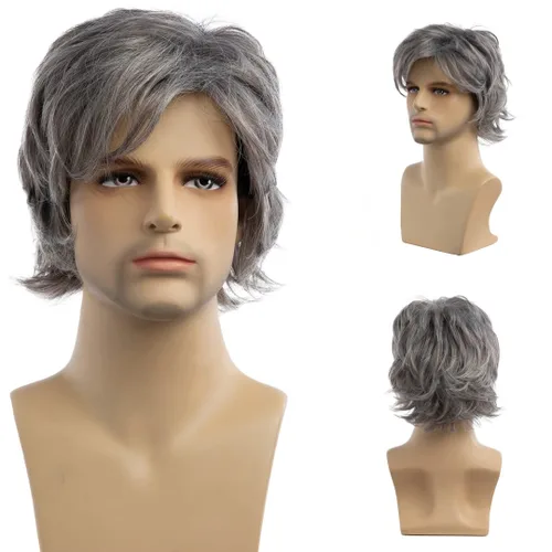Vista 18 de Peluca negra corta y rizada para hombre, peluca sintética para cosplay, con gorra de peluca
