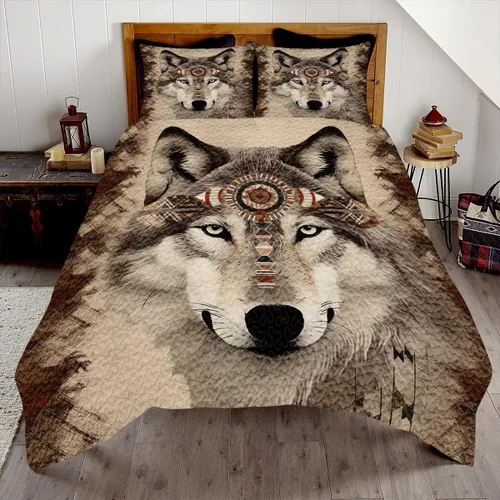 Vista 6 de Edredón de lobo personalizado, diseño nativo de ojos azules, tamaño matrimonial, juego de edredón de tamaño King, decoración para habitación