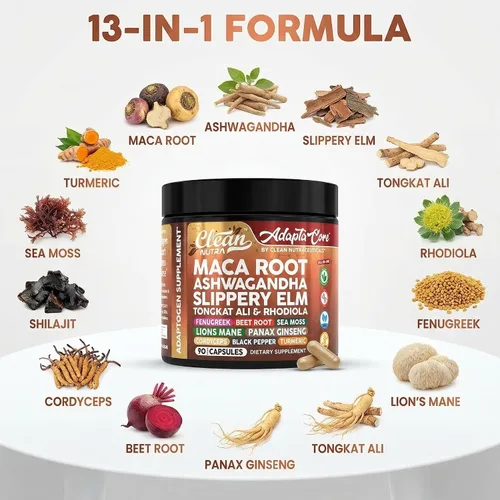Vista 4 de Cápsulas de raíz de maca orgánica Clean Nutra para mujeres + Ashwagandha, corteza de olmo resbaladiza, tongkat ali, rodiola rosea, fenogreco