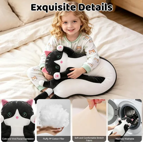 Vista 4 de Almohada de Cuerpo Largo de Felpa de Gato Bonito – Muñeca Suave de Peluche de Dibujos Animados, Juguete de Abrazo de Peluche de Gato Kawaii
