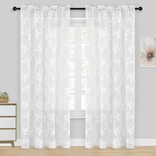 Vista 22 de DWCN Paquete de 2 cortinas traslúcidas pequeñas de encaje floral beige para cocina, cortinas traslúcidas ligeras con bolsillo para barra, cortinas