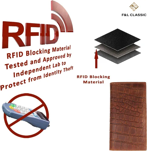 Vista 7 de F&L CLASSIC Billetera larga plegable de cuero genuino RFID para hombre, Estilo cocodrilo marrón