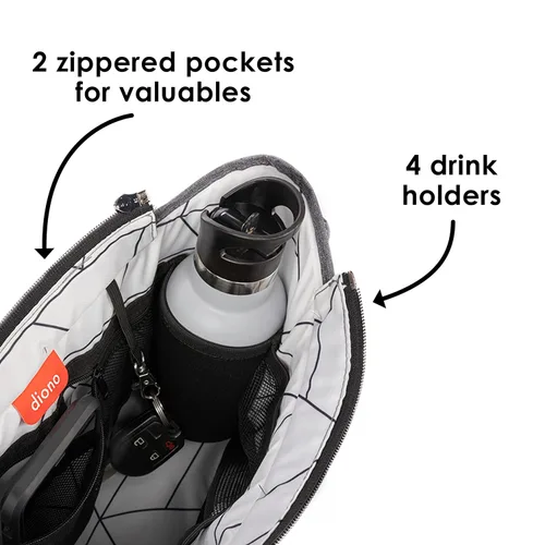 Vista 5 de Organizador universal para cochecito Diono Buggy Buddy XL con portavasos, sujeción segura, bolsillos con cremallera, seguro y protegido, gris