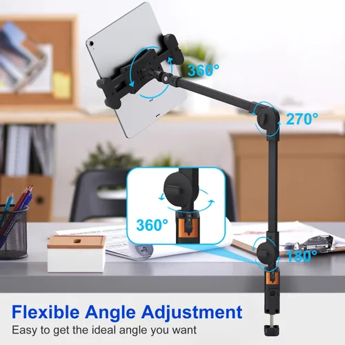 Vista 4 de Soporte de mesa para tablet, soporte de escritorio giratorio de 360 grados con brazo largo ajustable, compatible con iPad Pro 12.9 Air Mini y todos