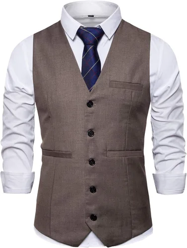 Vista 2 de DONGD Chaleco de traje formal para hombre, chaleco de vestir de negocios para traje o esmoquin Café