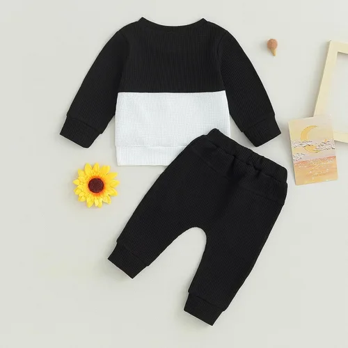 Vista 58 de Conjunto de 2 piezas de ropa para bebé y niño, sudadera con cuello redondo con letras y pantalones casuales de otoño e invierno B Negro-marrón