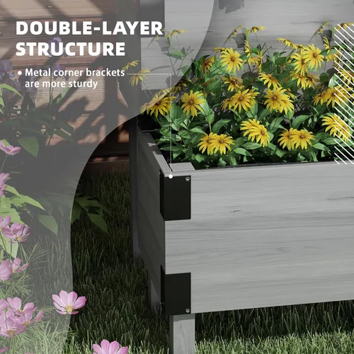 Vista 4 de Outsunny Cama de jardín elevada de 2 niveles con enrejado, maceta elevada de madera con agujeros de drenaje, forros, esquinas de metal, maceta